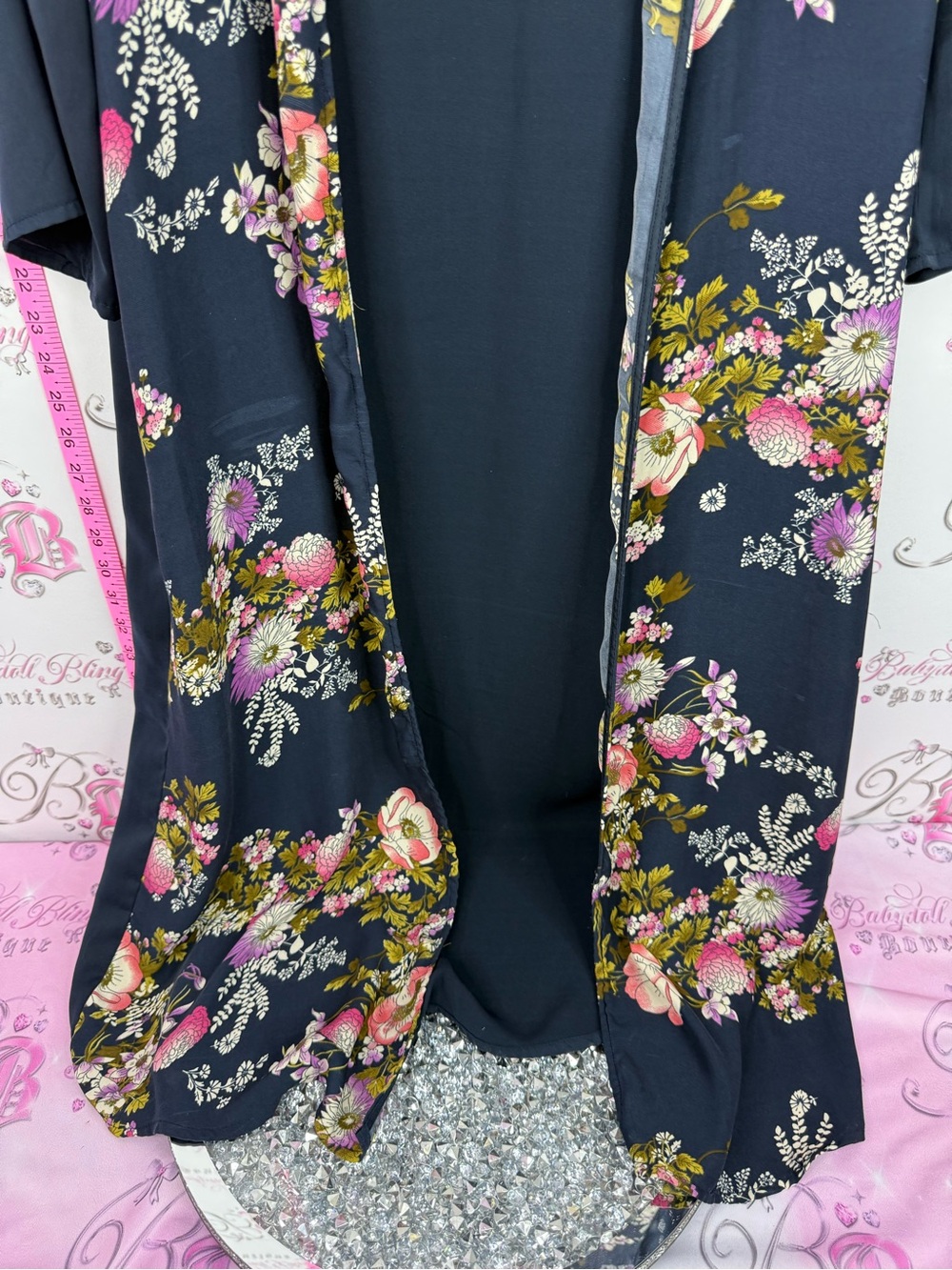 Japna Navy Floral Kimono Cardigan with Pink and Green Blooms - Picture 3 of 10